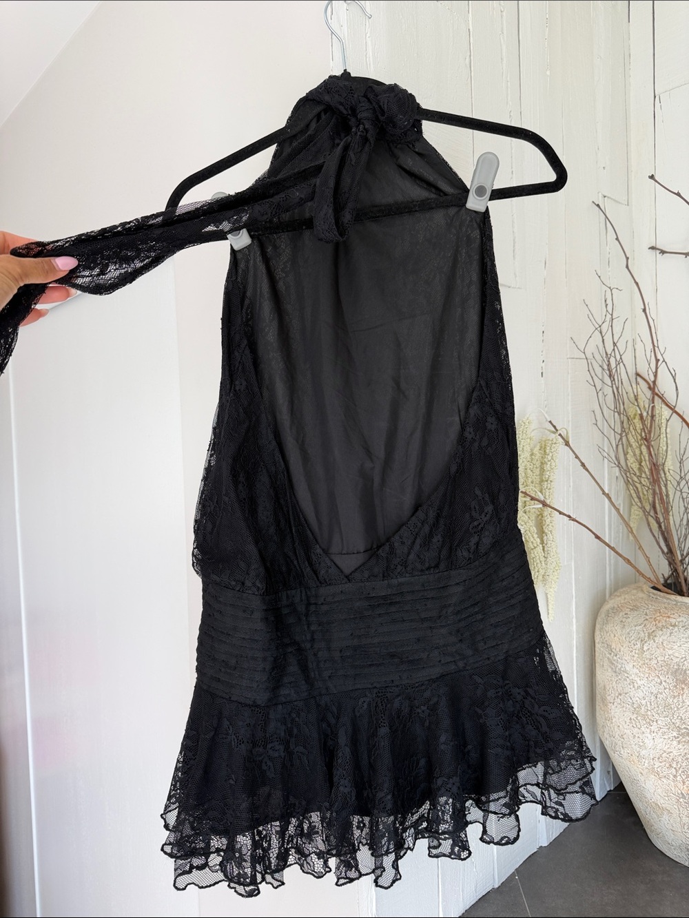 Black Lace Halter Mini Dress - Elegant Women's Dress - Picture 4 of 6
